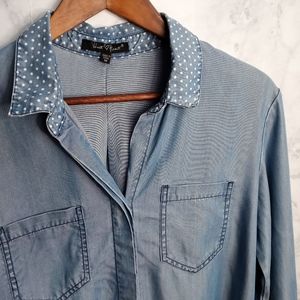 Velvet Heart Chambray Button Down Shirt Women Size M Blue Roll Tab Sleeve Casual